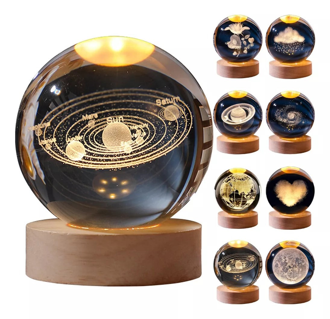 Lámpara de Cristal 3D Moon con Base de Madera – Luz Nocturna USB